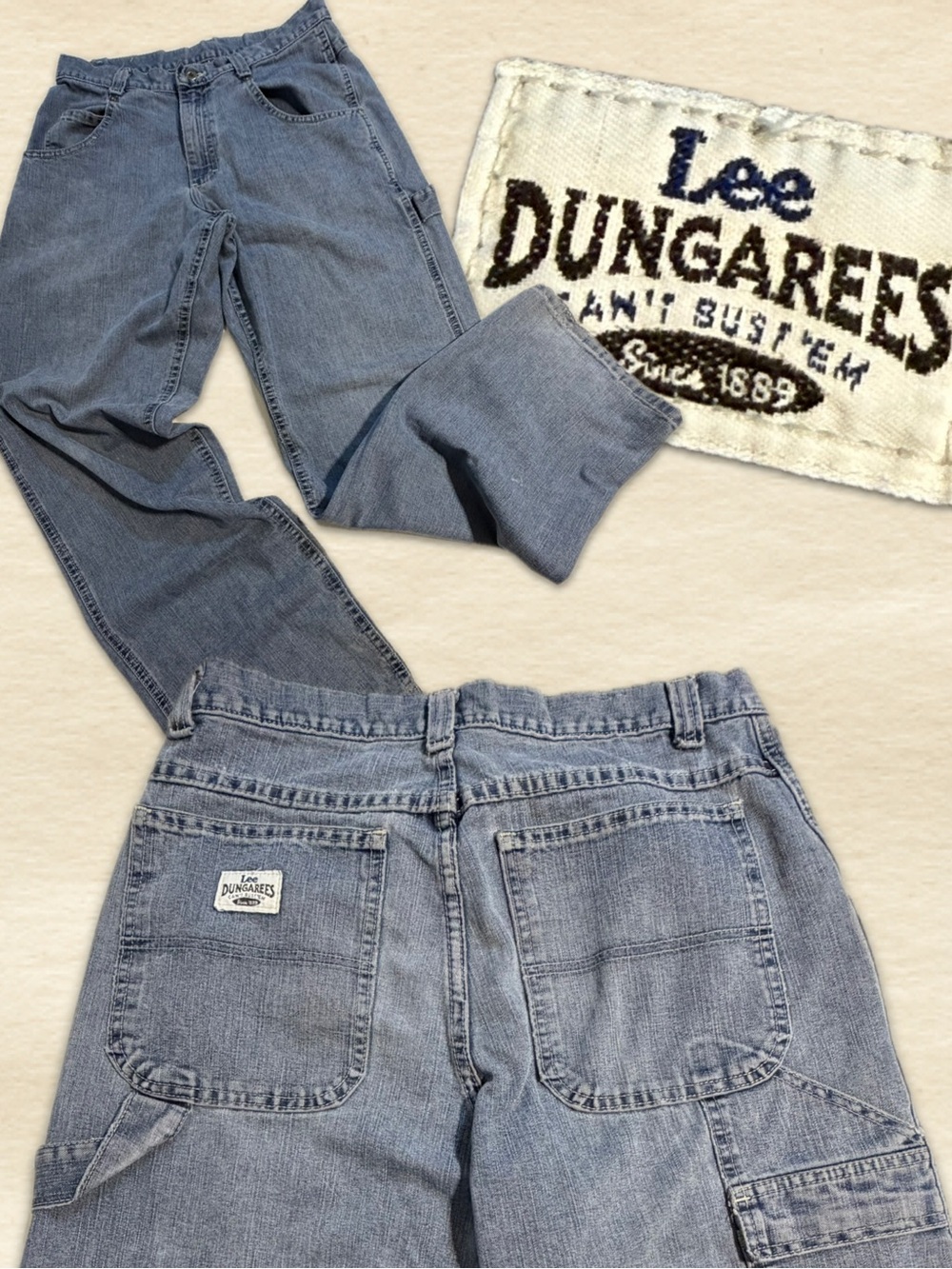 VINTAGE 90s USA Made Lee Dungarees Carpenter cargo Jeans Relaxed Utility Denim